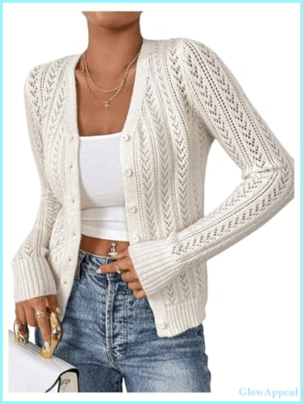 Pointelle Knit Cardigan Sweater V-Neck Long Sleeve Lightweight